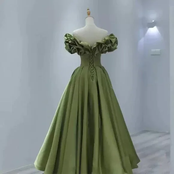 Statement Olive Green Off-Shoulder Ruffled Neckline Maxi - Picture 3 of 6